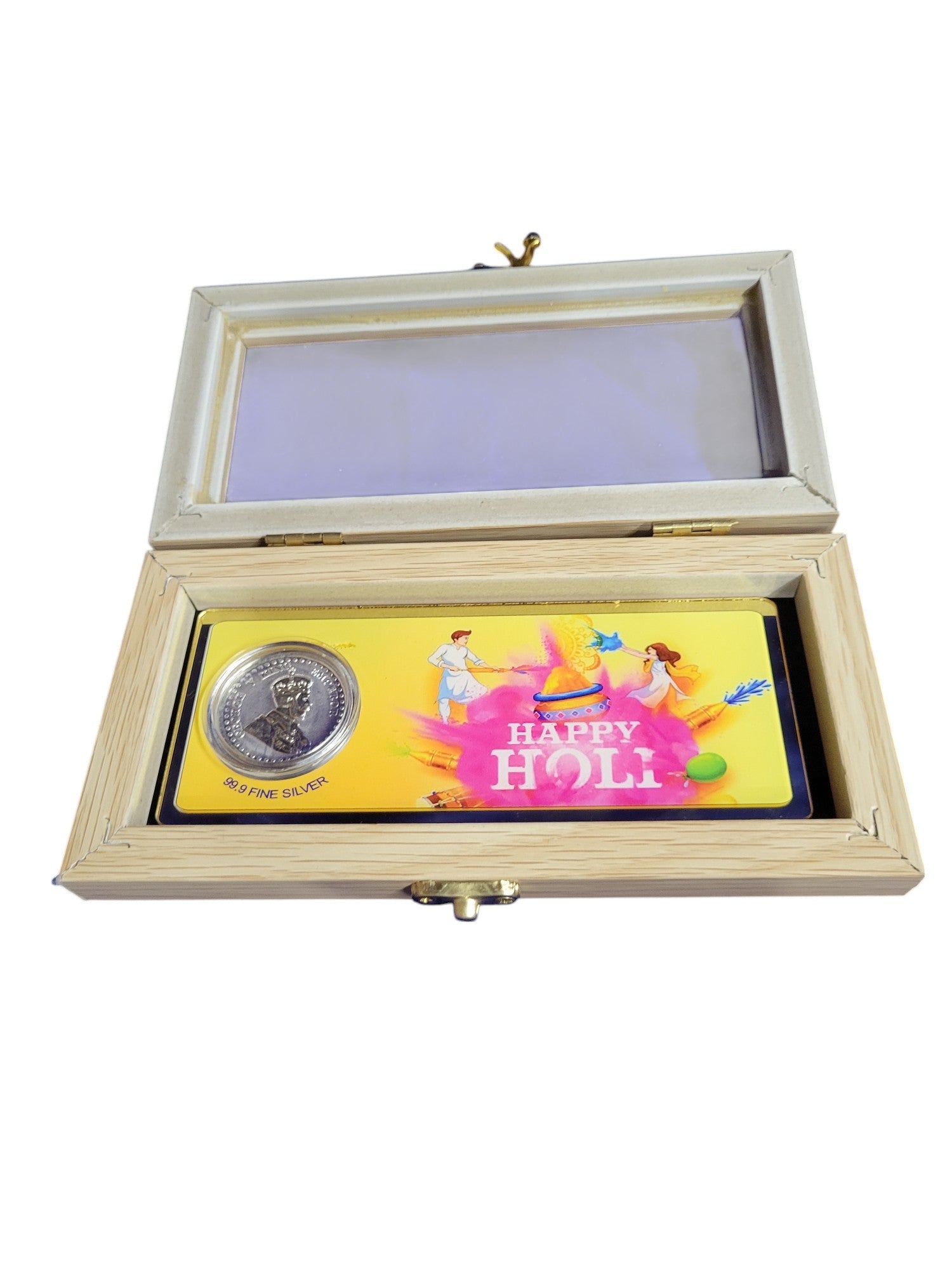 HAPPY HOLI SILVER ENVELOPE WITH WOOD BOX