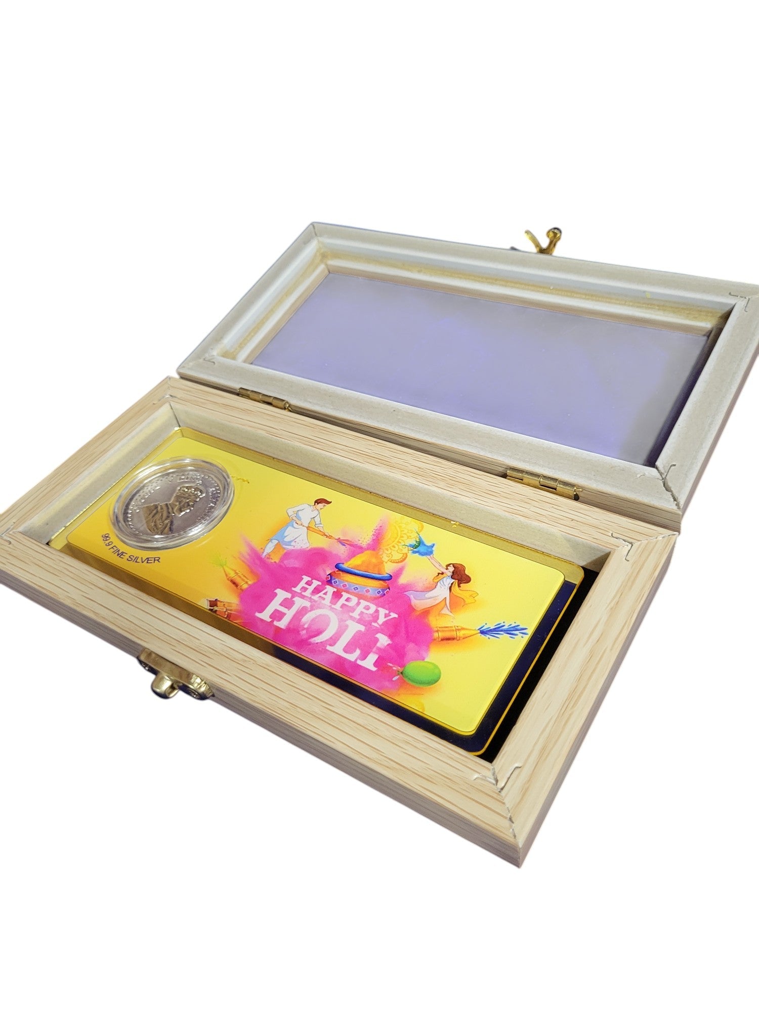 HAPPY HOLI SILVER ENVELOPE WITH WOOD BOX