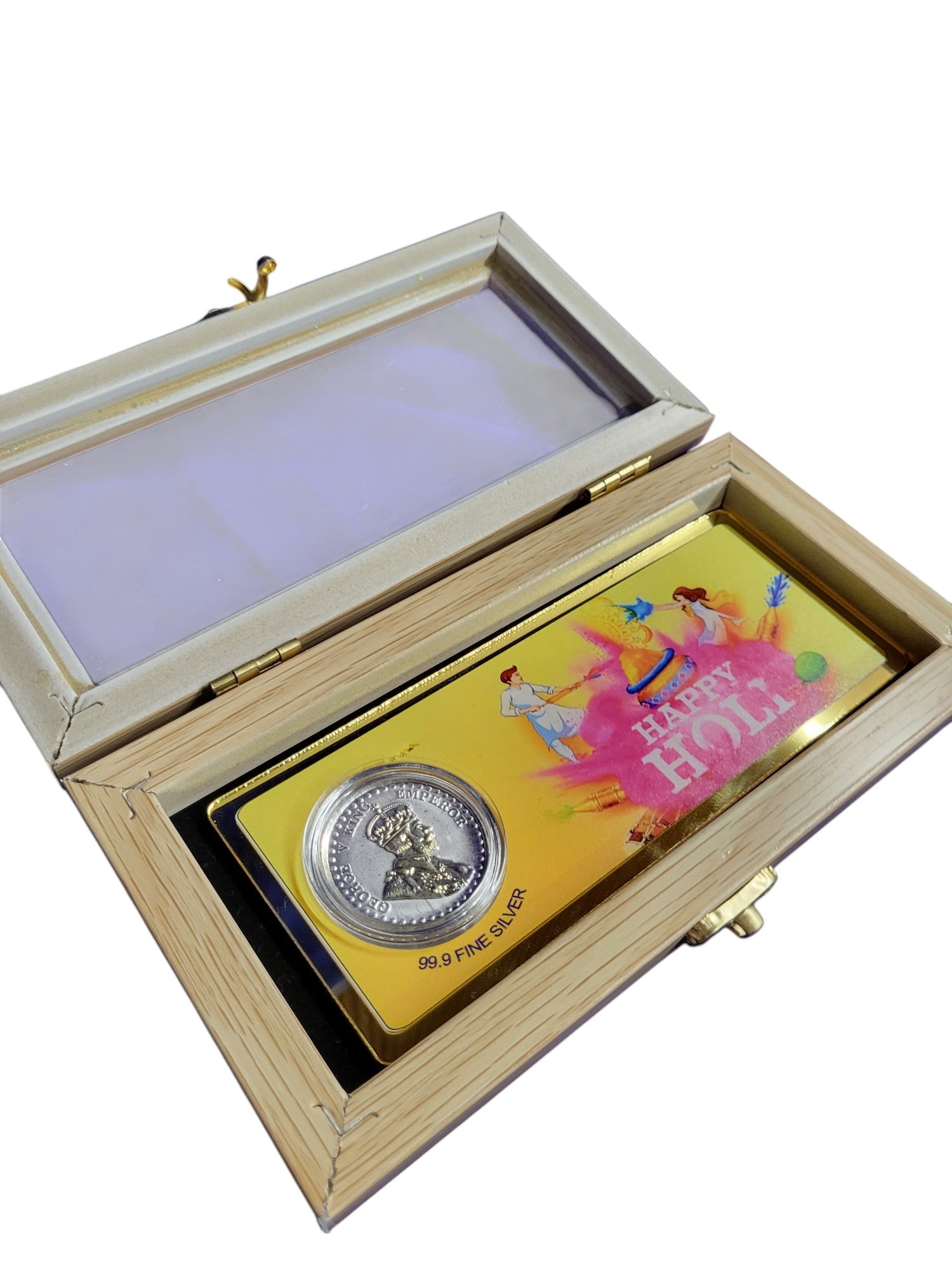 HAPPY HOLI SILVER ENVELOPE WITH WOOD BOX