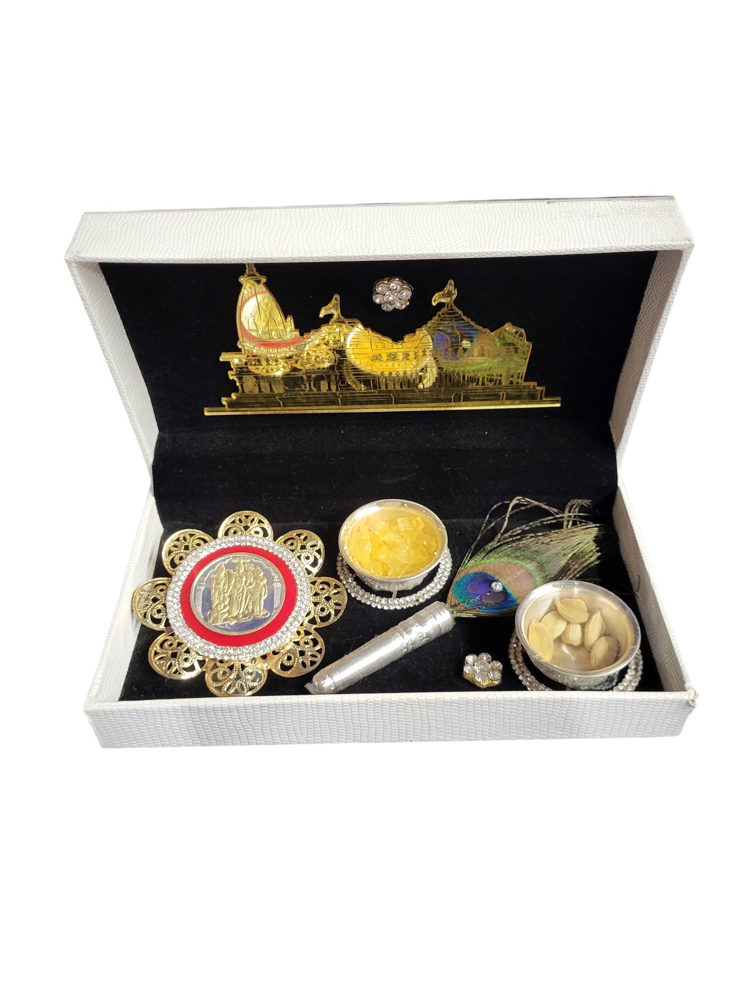 2 KATORI & RAM DARBAR COIN SET WITH ACRYLIC RAM MANDIR IN FUSION BOX