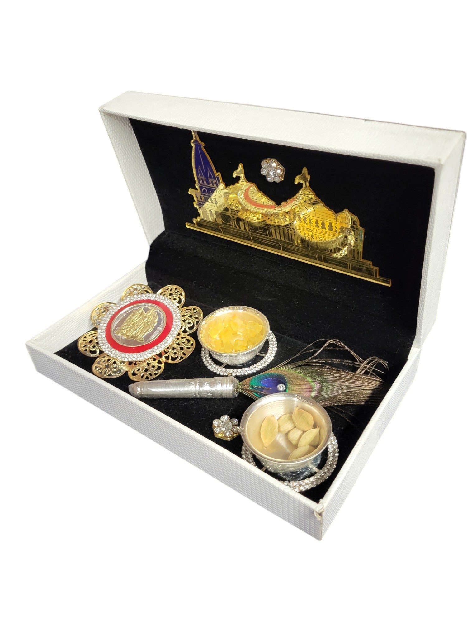 2 KATORI & RAM DARBAR COIN SET WITH ACRYLIC RAM MANDIR IN FUSION BOX