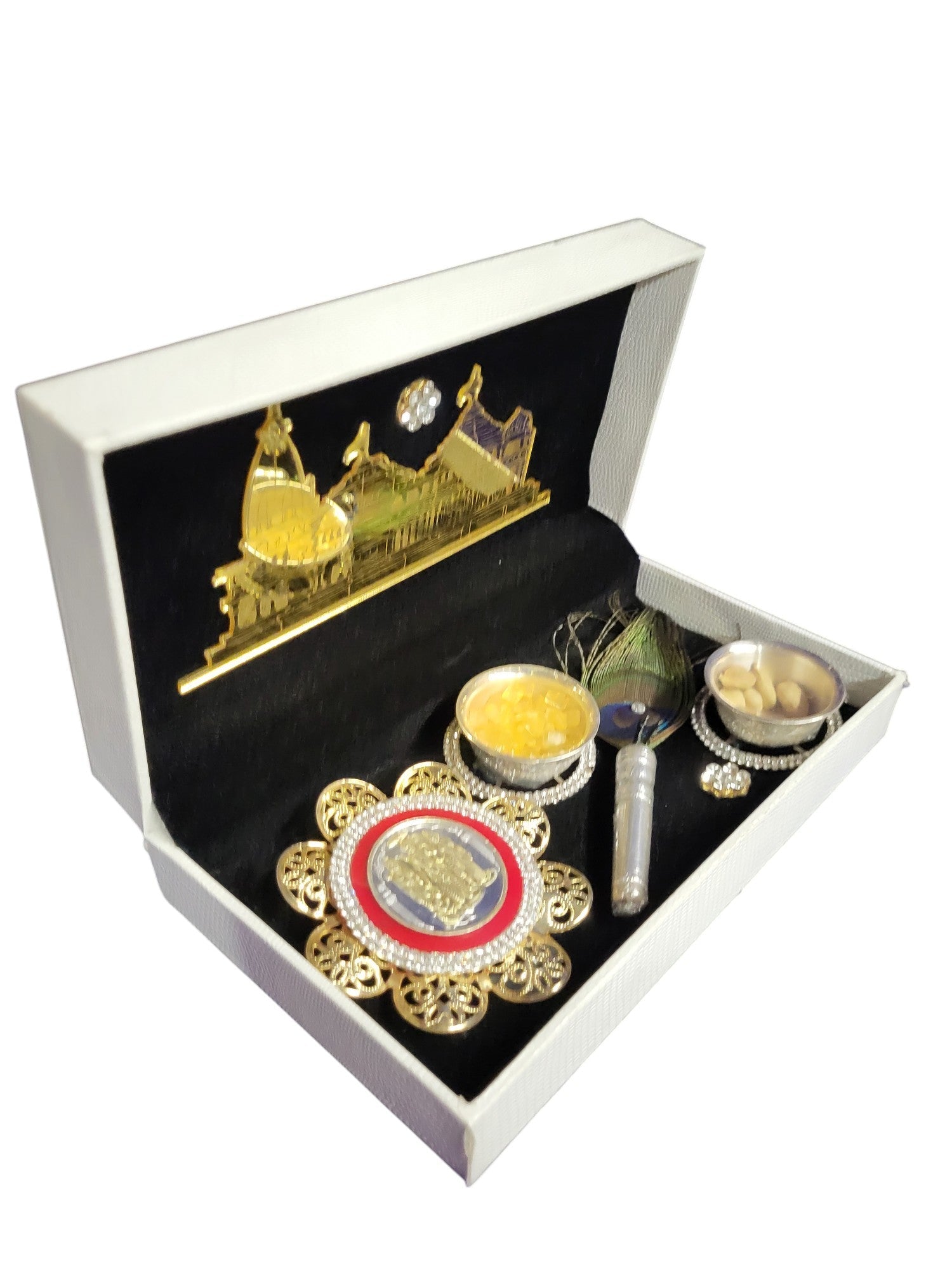 2 KATORI & RAM DARBAR COIN SET WITH ACRYLIC RAM MANDIR IN FUSION BOX