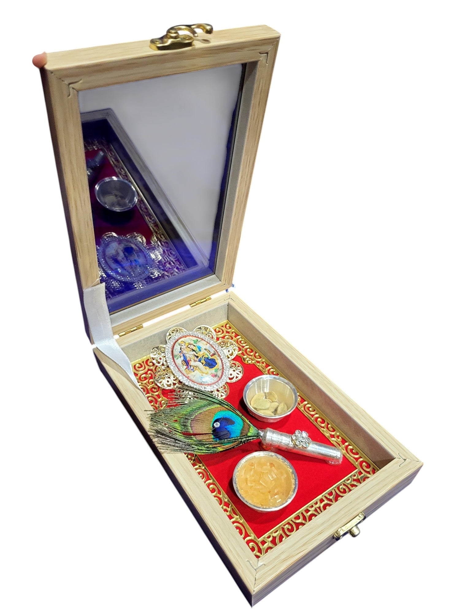 2 MINI SILVER KATORI SET WITH RADHA KRISHNA IN TIK WOOD BOX