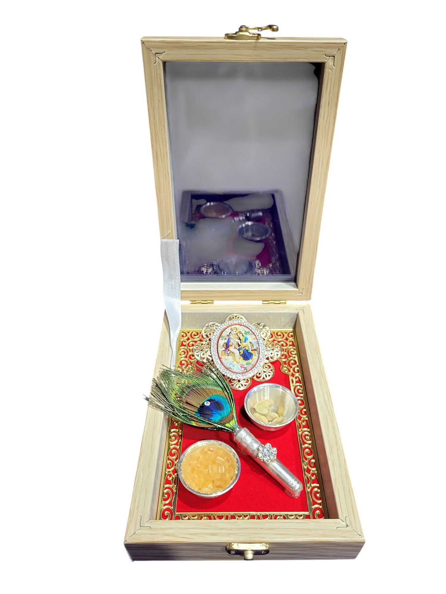2 MINI SILVER KATORI SET WITH RADHA KRISHNA IN TIK WOOD BOX