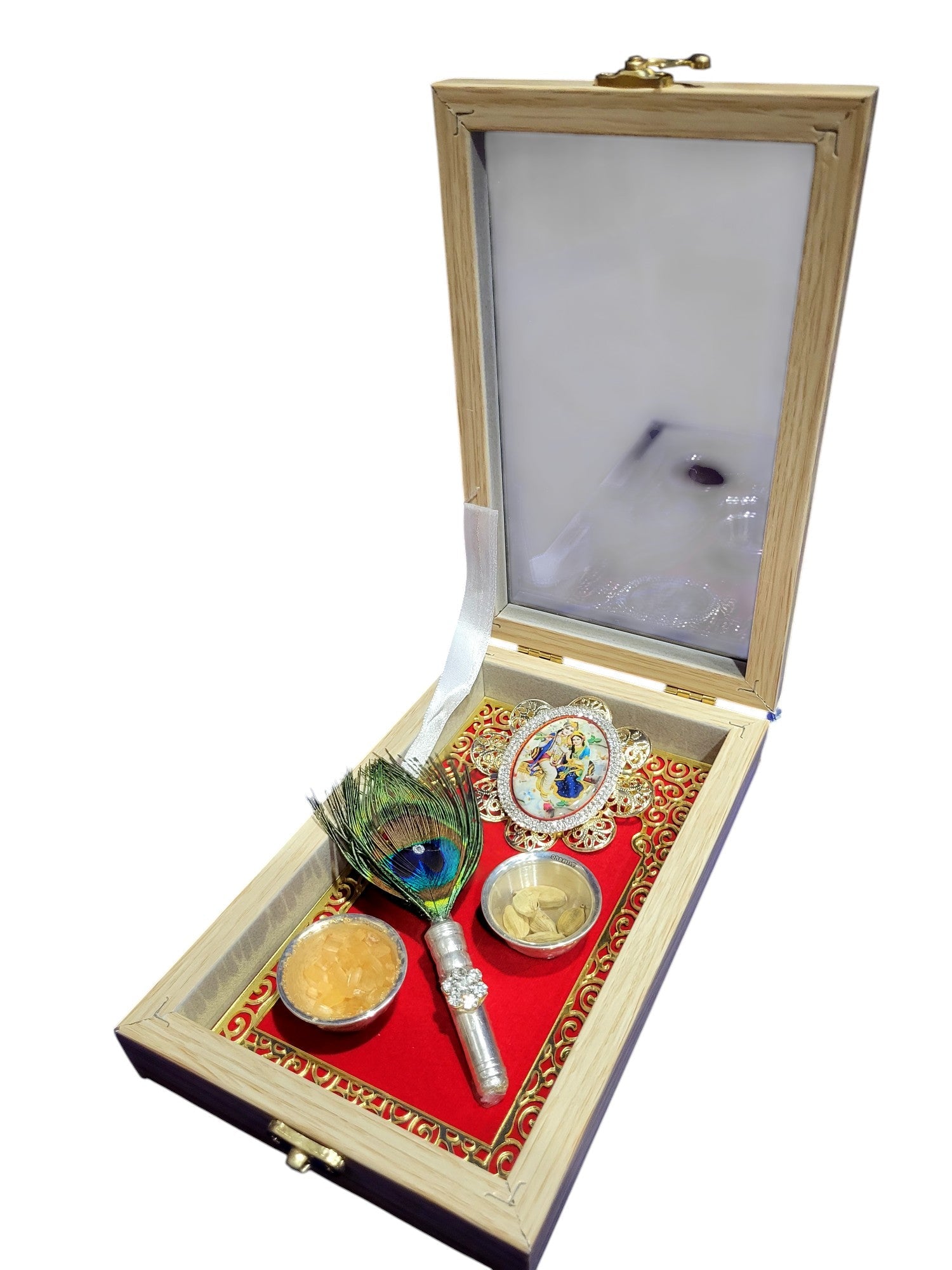 2 MINI SILVER KATORI SET WITH RADHA KRISHNA IN TIK WOOD BOX