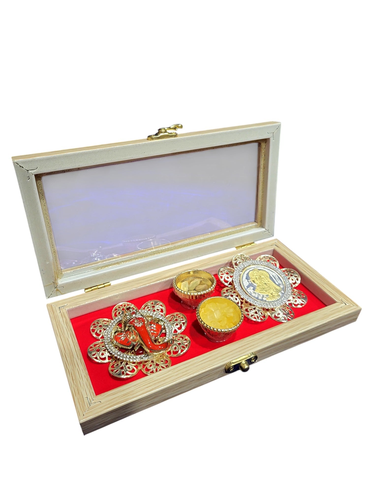 GANESH WITH RADHA KRISHNA COIN SET IN TICK WOOD BOX