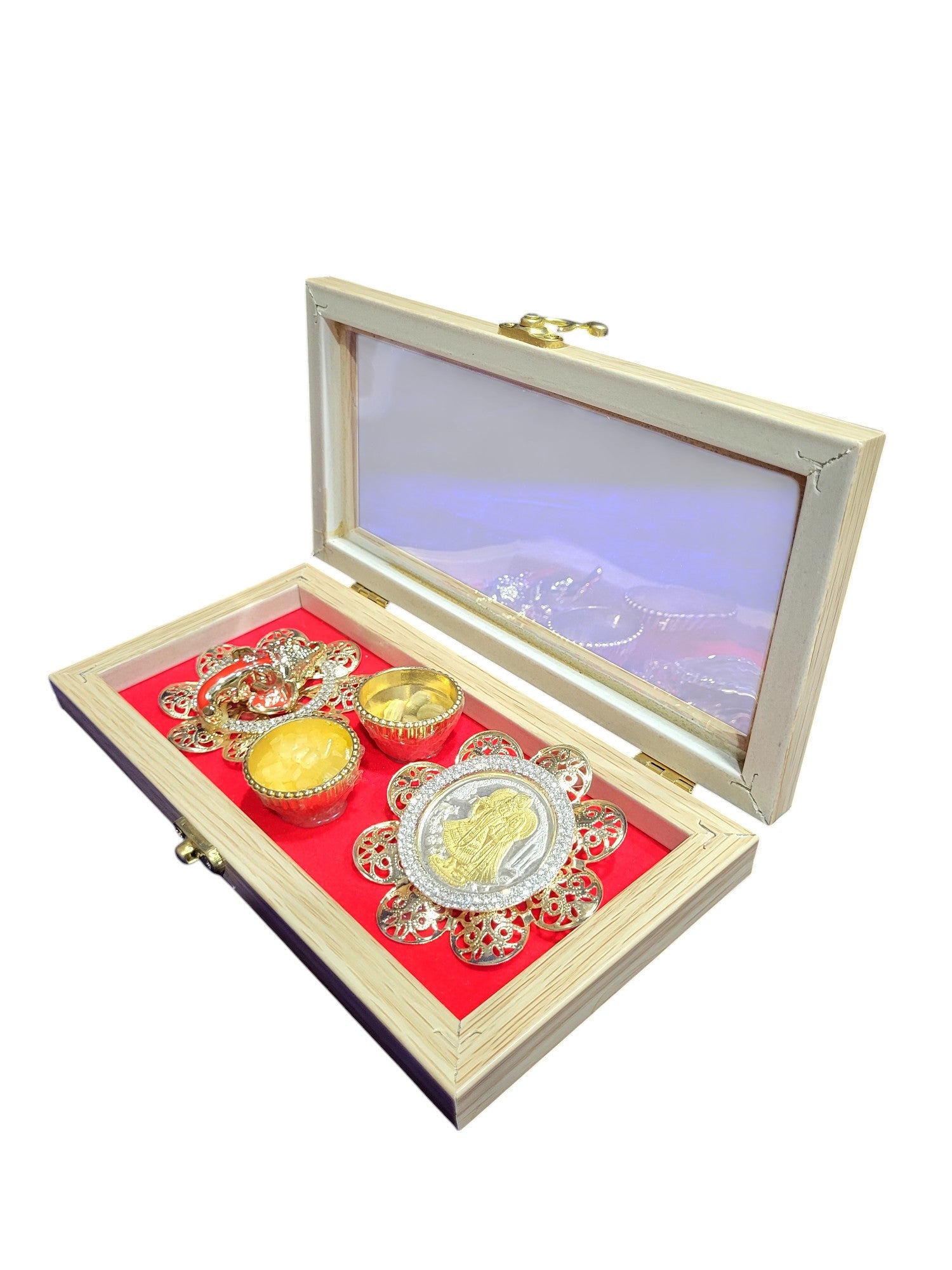 GANESH WITH RADHA KRISHNA COIN SET IN TICK WOOD BOX