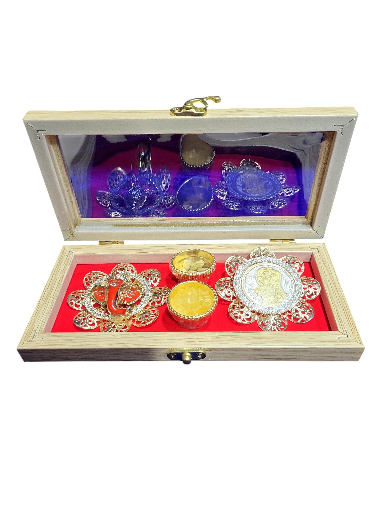 GANESH WITH RADHA KRISHNA COIN SET IN TICK WOOD BOX