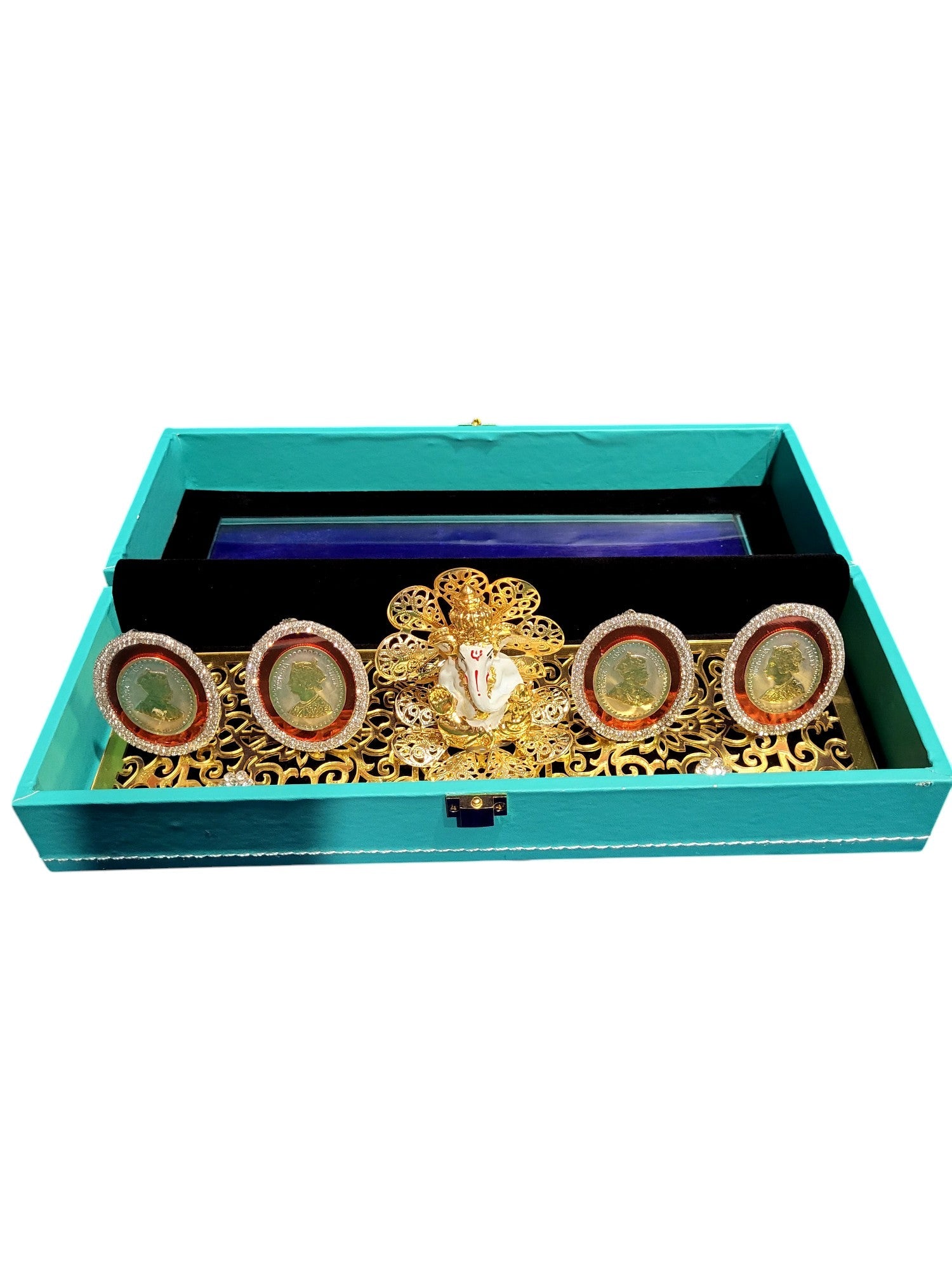 4 SMALL G/J COIN SET WITH WAX GANESHA IN LEATHERITE BOX