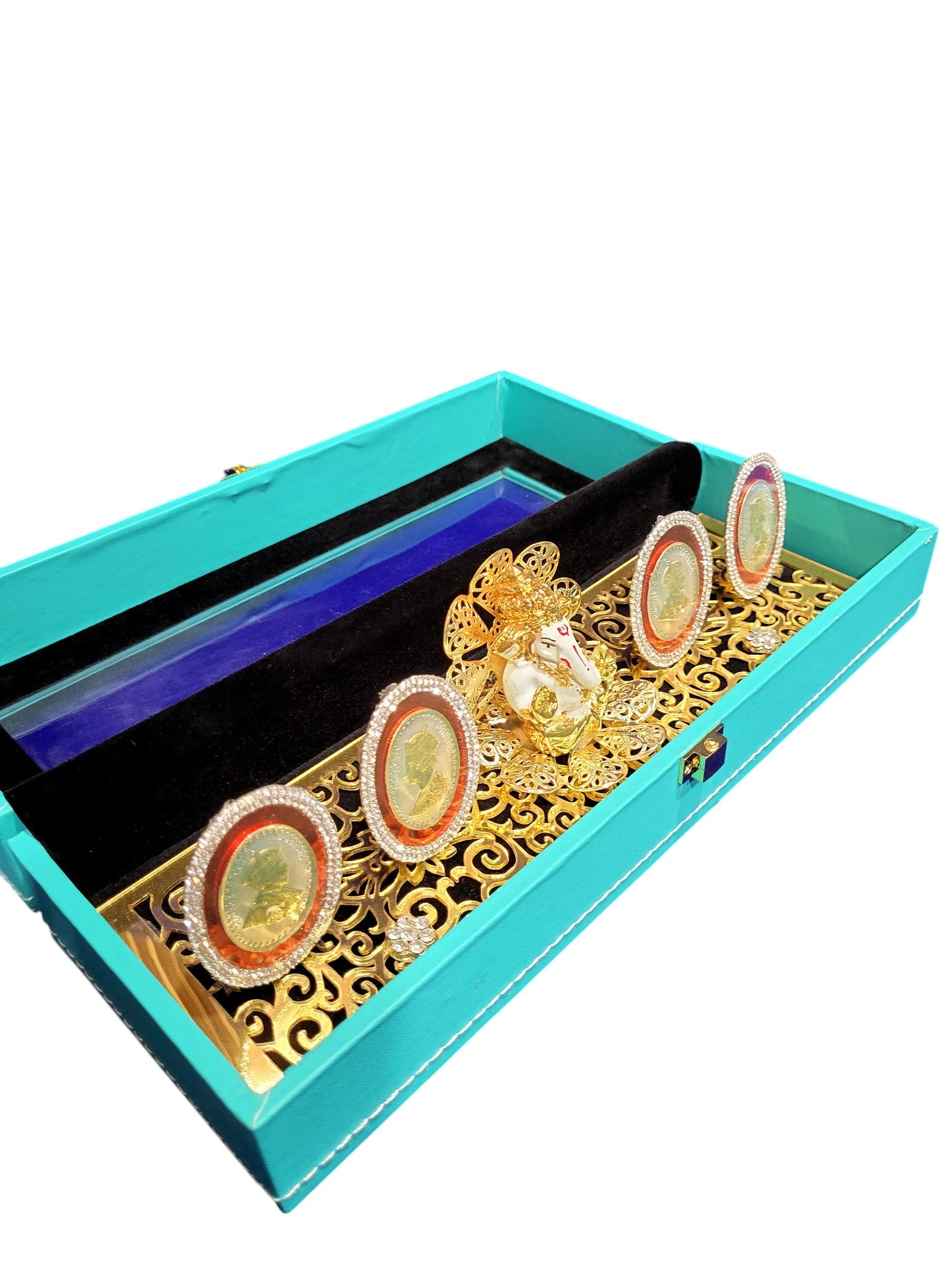 4 SMALL G/J COIN SET WITH WAX GANESHA IN LEATHERITE BOX