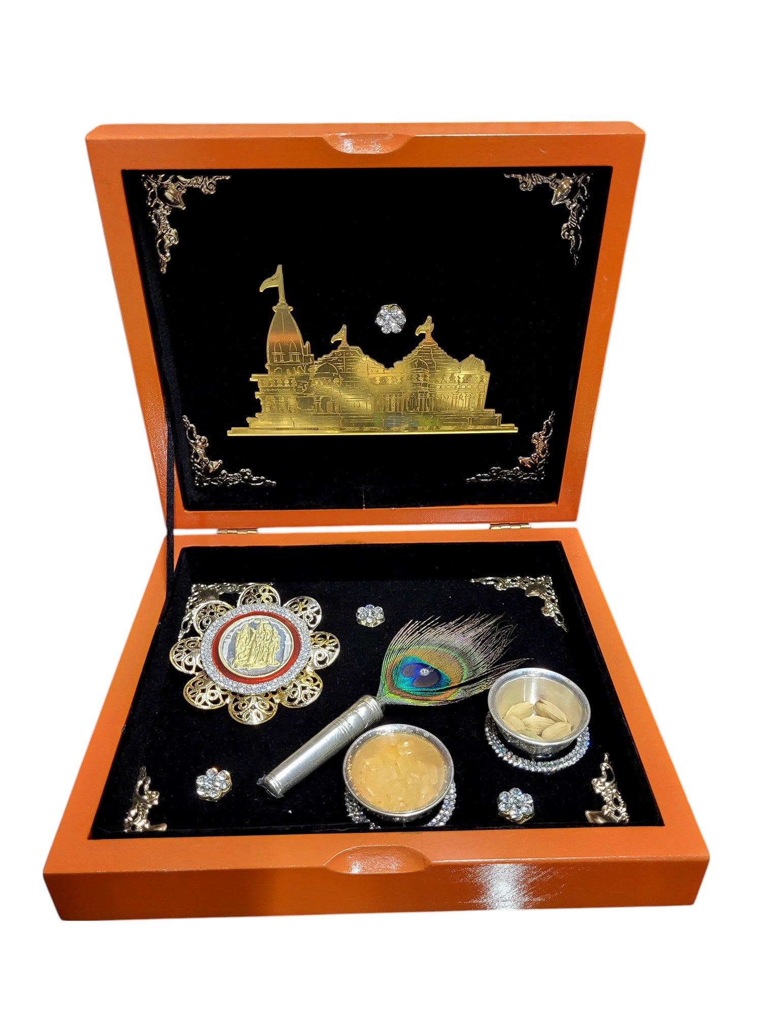2 KATORI & RAM DARBAR COIN SET WITH MAYUR CHADI & METAL RAM MANDIR IN BOOK FUSION BOX
