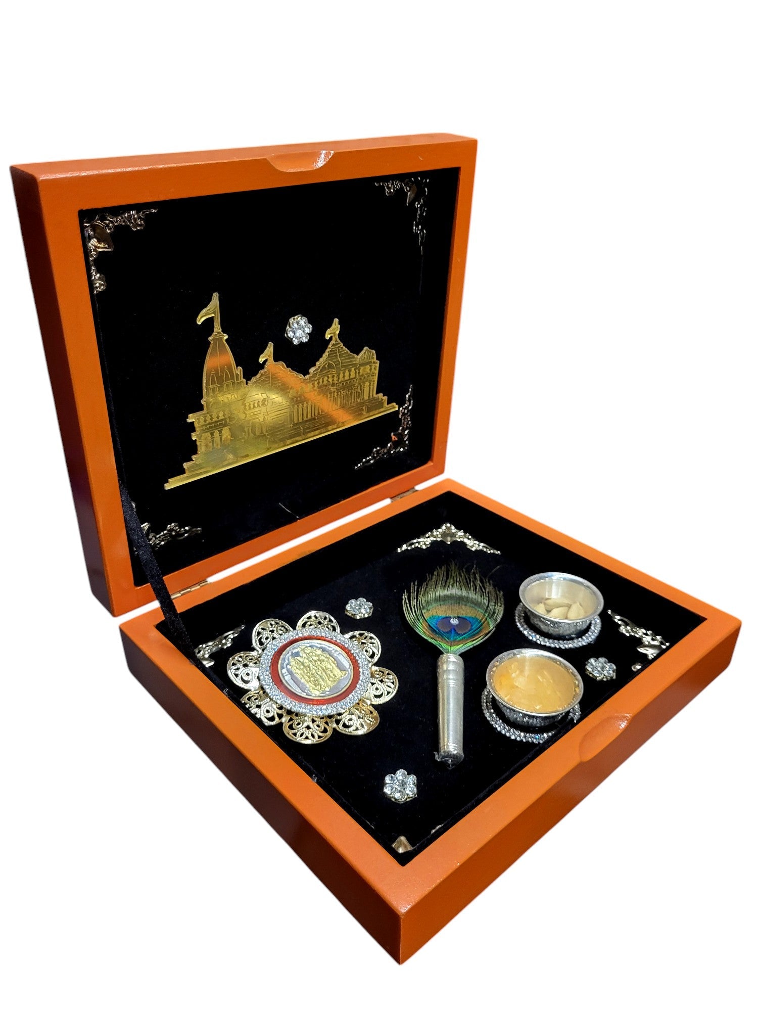 2 KATORI & RAM DARBAR COIN SET WITH MAYUR CHADI & METAL RAM MANDIR IN BOOK FUSION BOX