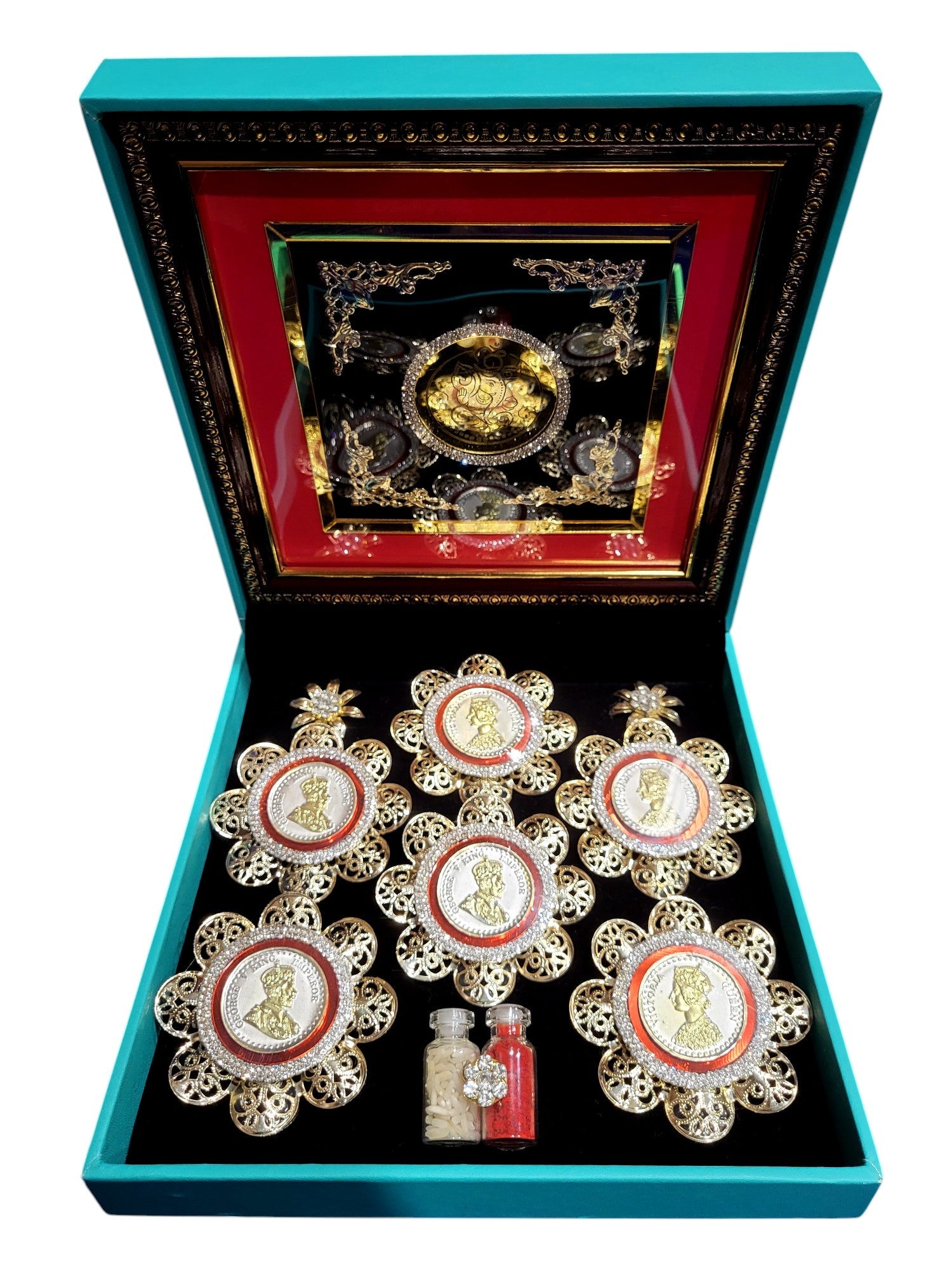 6 SMALL G/J COIN SET IN LEATHERITE BOX