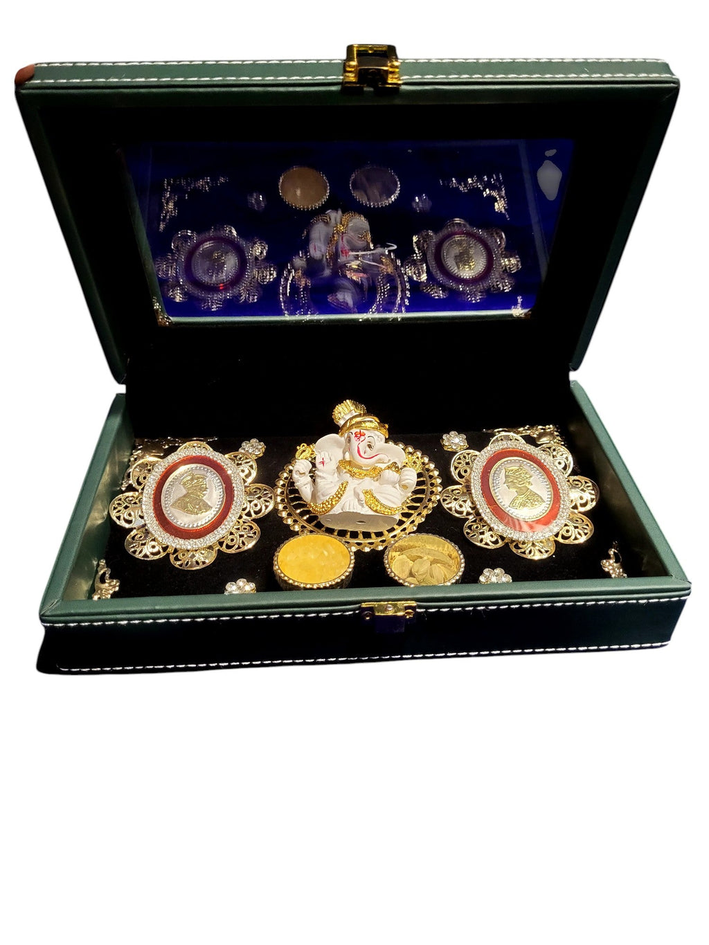 2 SMALL G/J COIN SET WITH WAX GANESHA IN LEATHERITE SEE THROUGH BOX