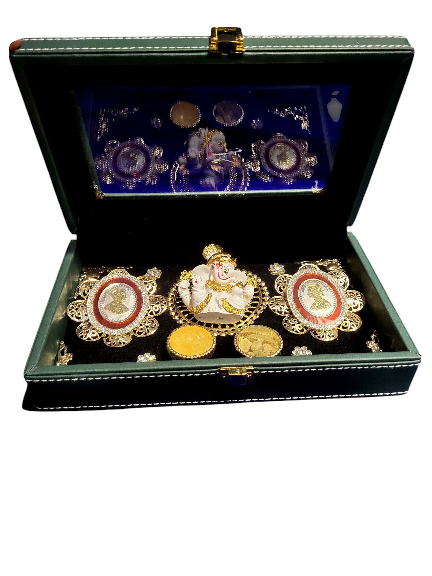 2 SMALL G/J COIN SET WITH WAX GANESHA IN LEATHERITE SEE THROUGH BOX