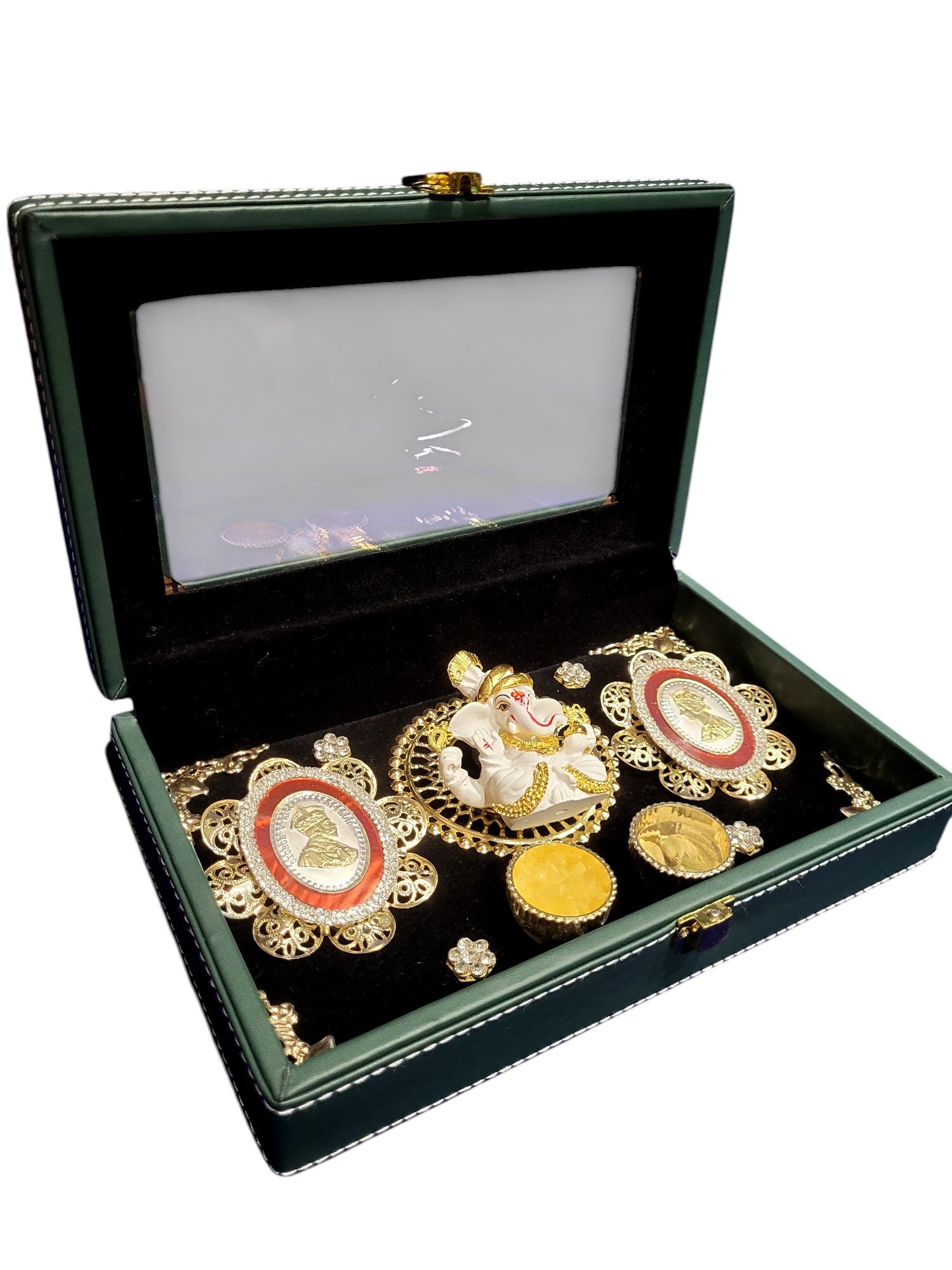 2 SMALL G/J COIN SET WITH WAX GANESHA IN LEATHERITE SEE THROUGH BOX
