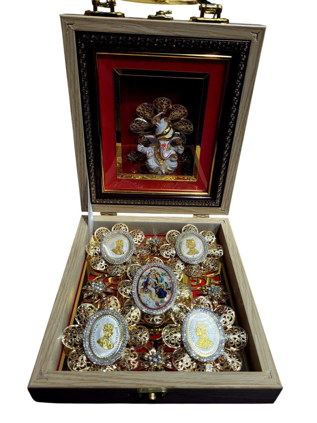 4 MINI G/J COIN SET WITH WAX GANESHA & RADHA-KRISHNA IN TICK WOODEN BOX