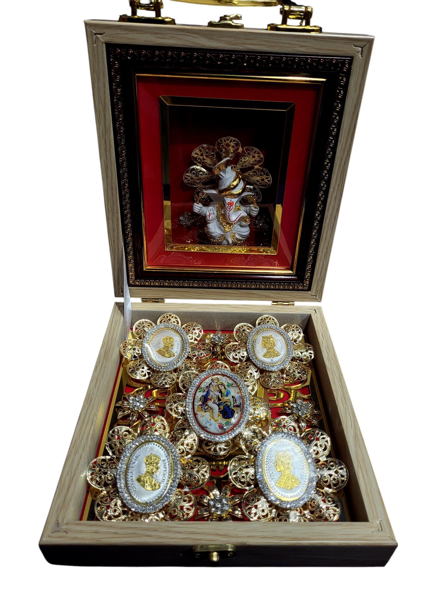 4 MINI G/J COIN SET WITH WAX GANESHA & RADHA-KRISHNA IN TICK WOODEN BOX