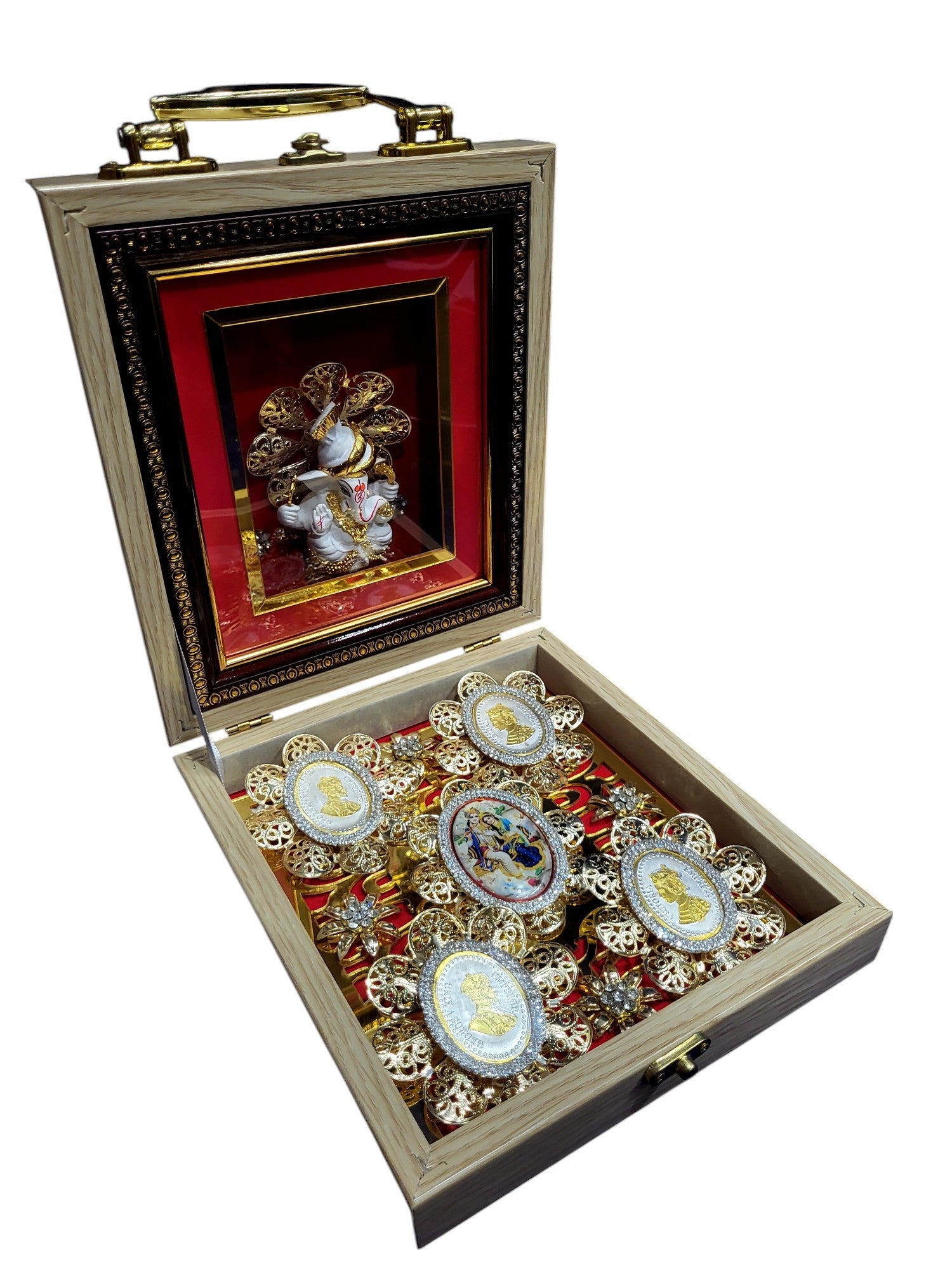 4 MINI G/J COIN SET WITH WAX GANESHA & RADHA-KRISHNA IN TICK WOODEN BOX