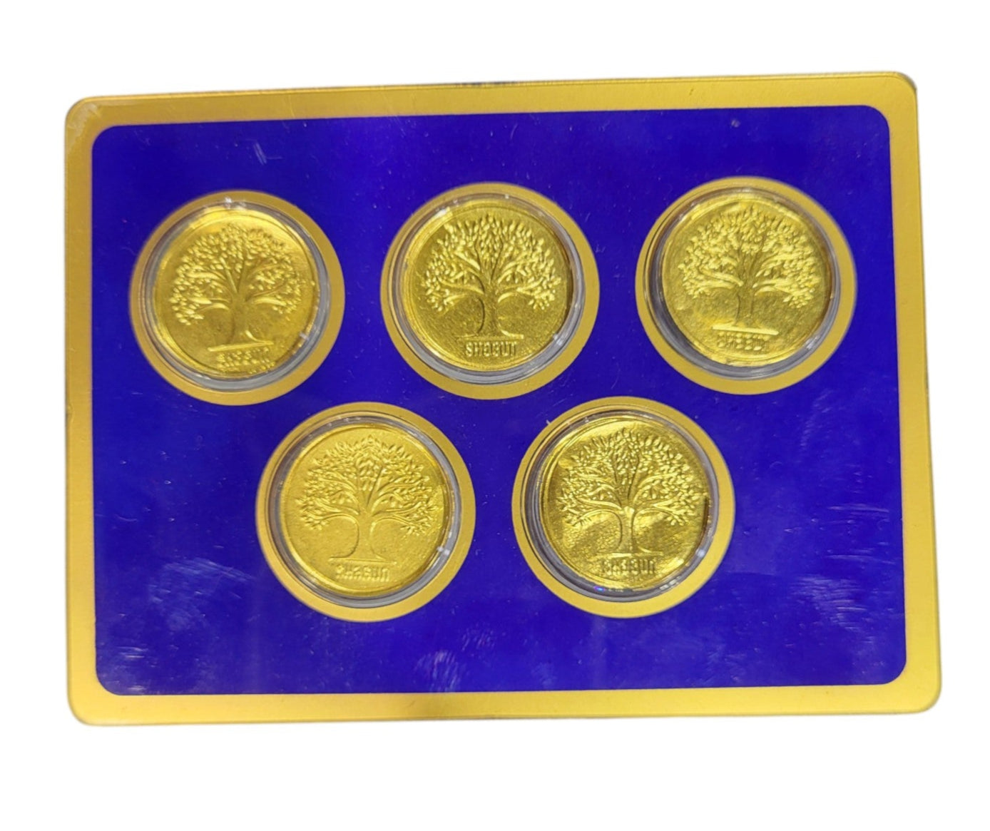 BOX GOLD COIN PEACOCK - BLUE 500MG  (100X5) WITH GOLD COIN PLAIN TREE - BLUE 500MG  (100X5)