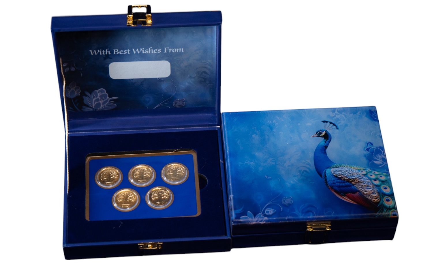 BOX GOLD COIN PEACOCK - BLUE 500MG  (100X5) WITH GOLD COIN PLAIN TREE - BLUE 500MG  (100X5)