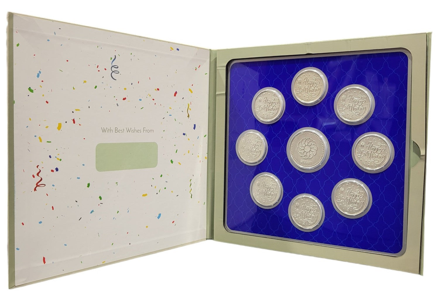 FOLDER HAPPY BIRTHDAY - WH/GREEN WITH SILVER COIN HAPPY BIRTHDAY - BLUE 10 GM (HBX8 + RSX1)