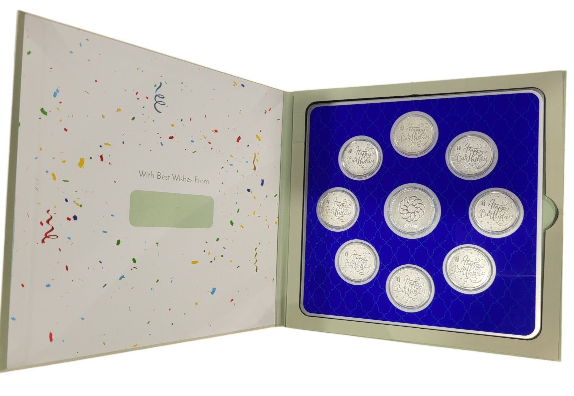FOLDER HAPPY BIRTHDAY - WH/GREEN WITH SILVER COIN HAPPY BIRTHDAY - BLUE 10 GM (HBX8 + RSX1)