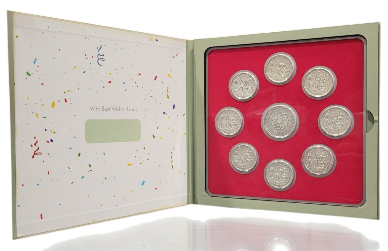 FOLDER HAPPY BIRTHDAY - WH/GREEN WITH SILVER COIN HAPPY BIRTHDAY - RED 10 GM (HBX8 + RSX1)