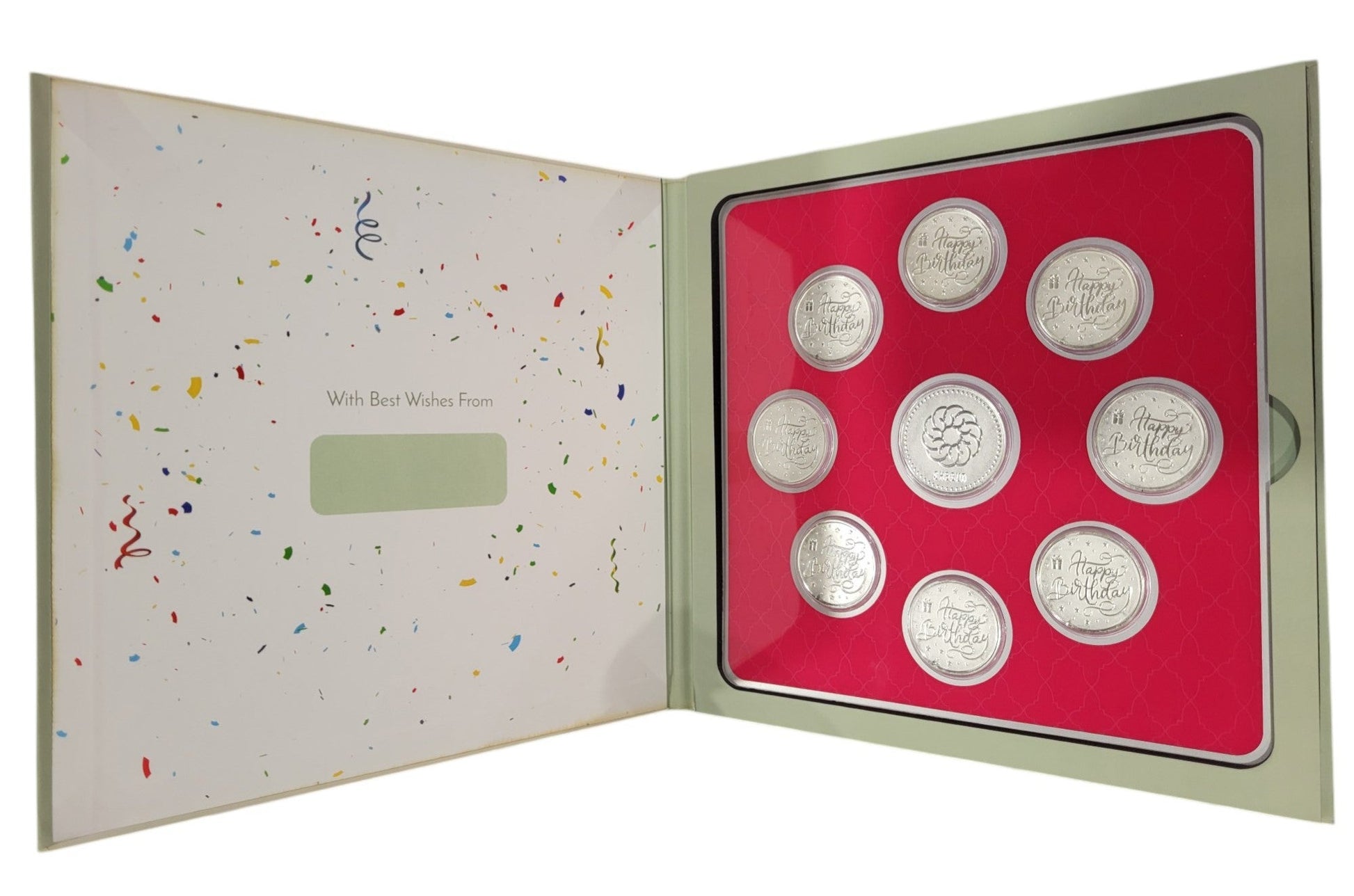 FOLDER HAPPY BIRTHDAY - WH/GREEN WITH SILVER COIN HAPPY BIRTHDAY - RED 10 GM (HBX8 + RSX1)