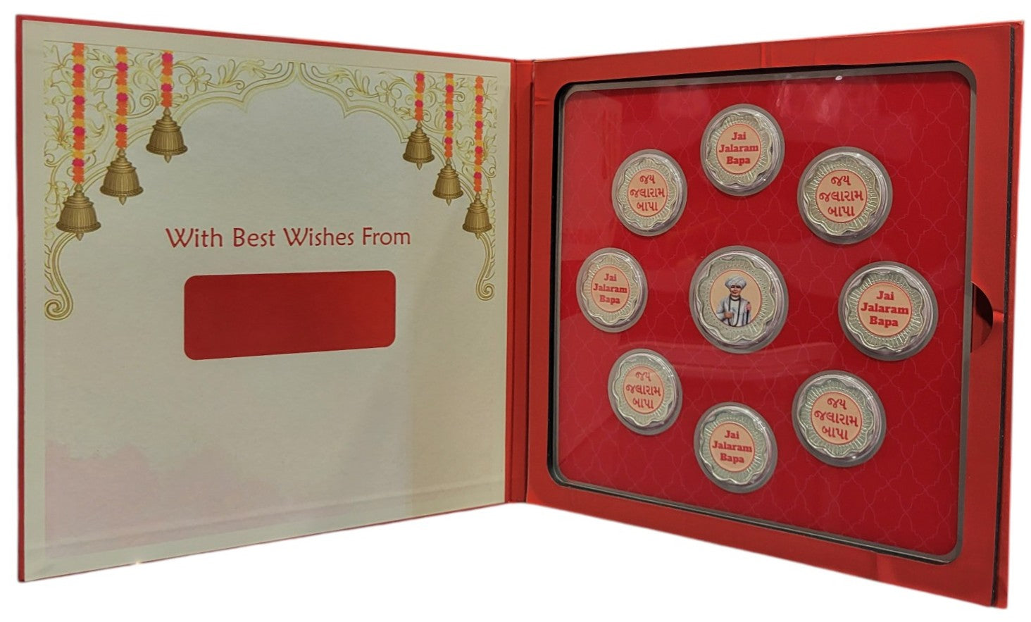 FOLDER JALARAM JI - RED/WH WITH SILVER COIN JALARAM - RED 10 GM (ALL JAARAM)