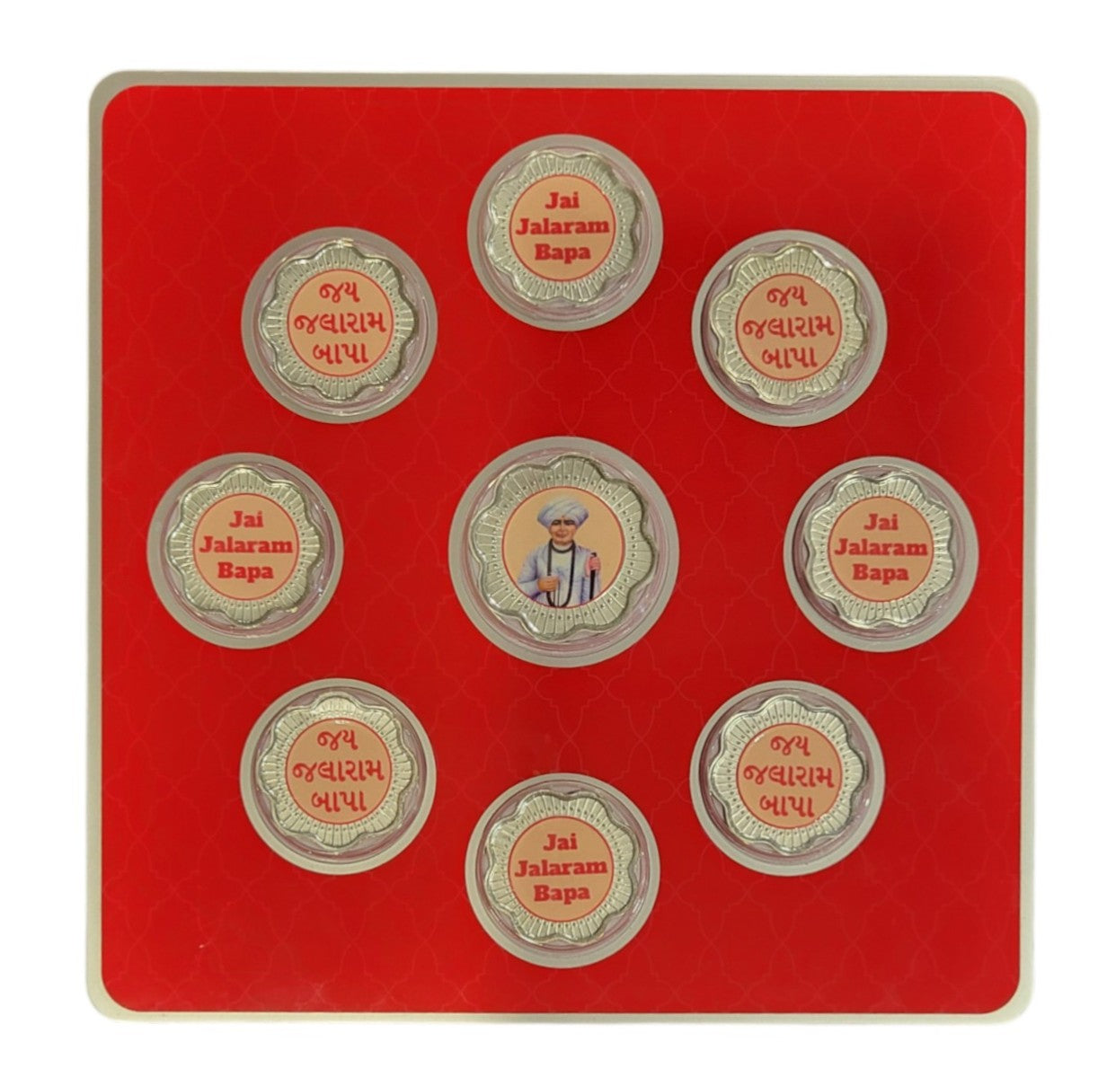 FOLDER JALARAM JI - RED/WH WITH SILVER COIN JALARAM - RED 10 GM (ALL JAARAM)