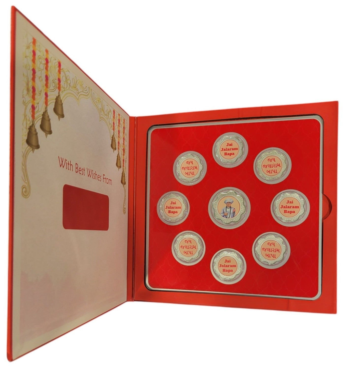 FOLDER JALARAM JI - RED/WH WITH SILVER COIN JALARAM - RED 10 GM (ALL JAARAM)