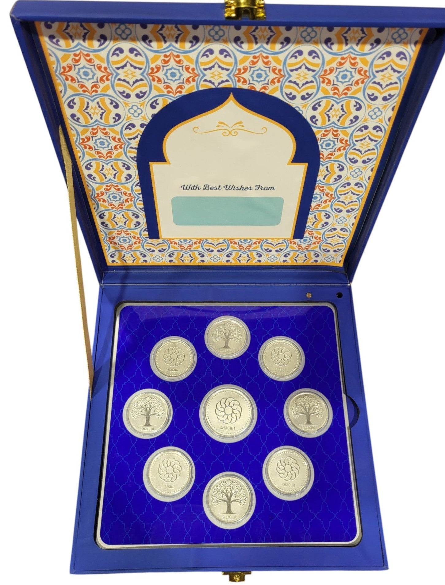 MUSICAL BOX- HAPPY ANNIVERSSARY - WH/BLUE WITH SILVER COIN PLAIN -  BLUE 10 GM (RS-4+TREE-4+RS-1))