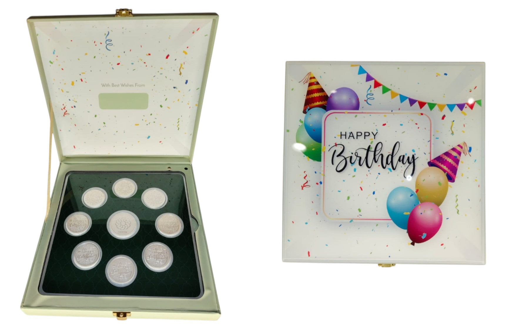 MUSICAL BOX- HPY BRDY - WH/GREEN WITH SILVER COIN HAPPY BIRTHDAY - GREEN 10 GM (HBX8 + RSX1)