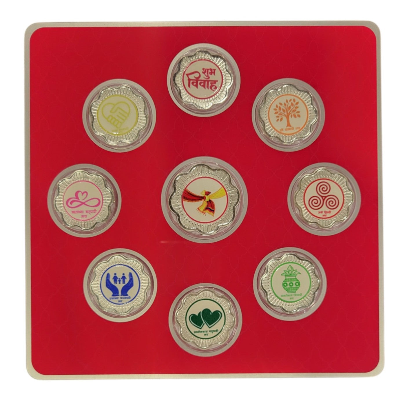 FOLDER HAPPY WEDDING JI - YELLOW/BLUE WITH SILVER COIN SHUBHVIVAH - PINK 10 GM (ALL 7 VACHAN)