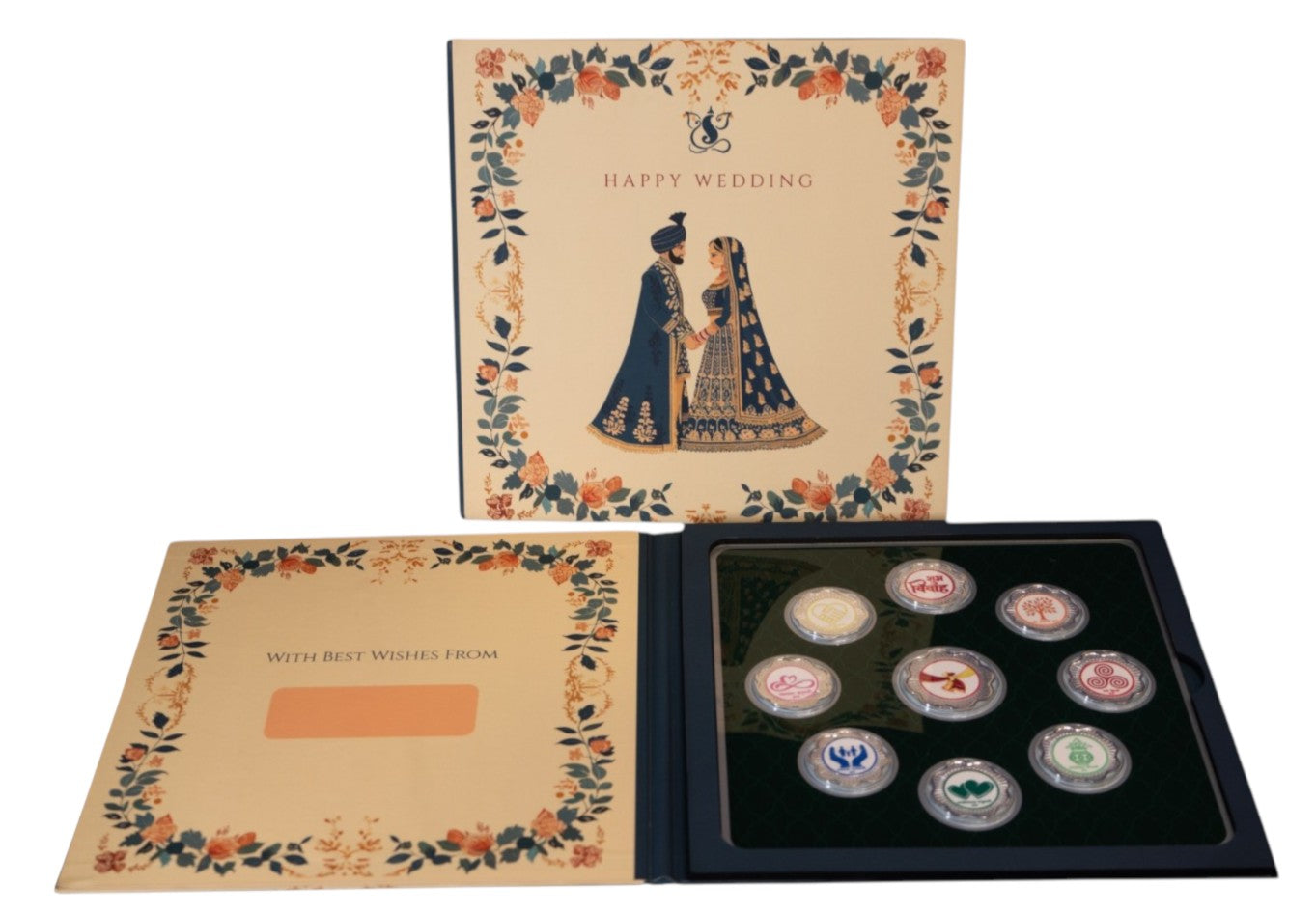 FOLDER HAPPY WEDDING JI - YELLOW/BLUE WITH SILVER COIN SHUBHVIVAH - GREEN 10 GM (ALL 7 VACHAN)