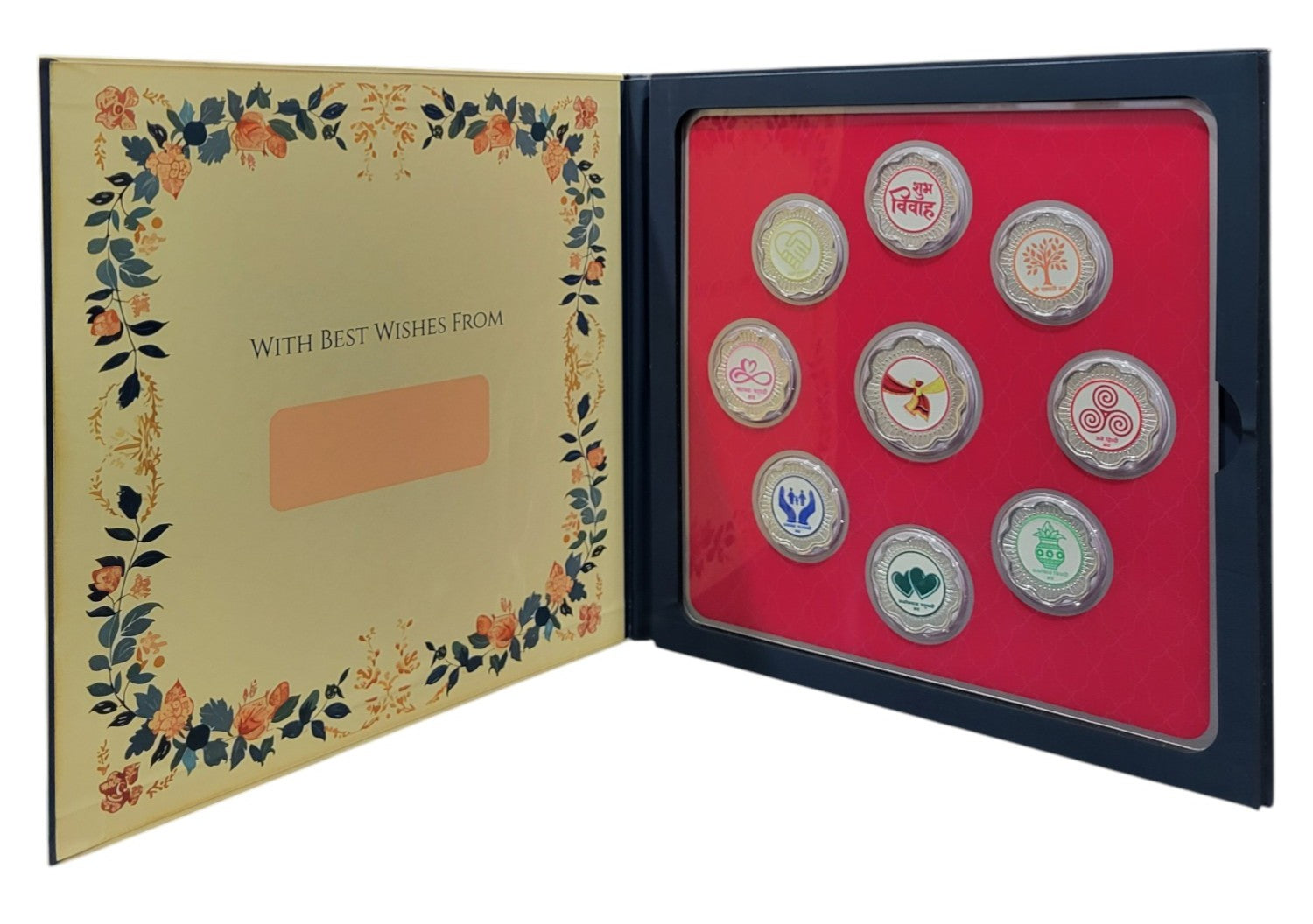 FOLDER HAPPY WEDDING JI - YELLOW/BLUE WITH SILVER COIN SHUBHVIVAH - PINK 10 GM (ALL 7 VACHAN)