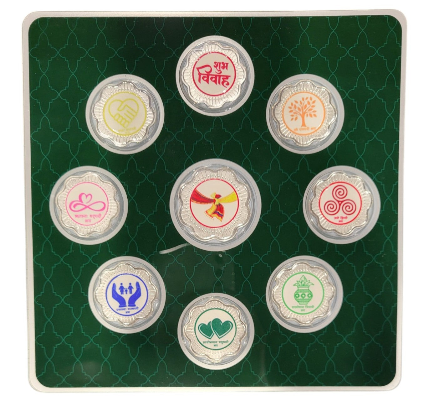 FOLDER HAPPY WEDDING JI - YELLOW/BLUE WITH SILVER COIN SHUBHVIVAH - GREEN 10 GM (ALL 7 VACHAN)