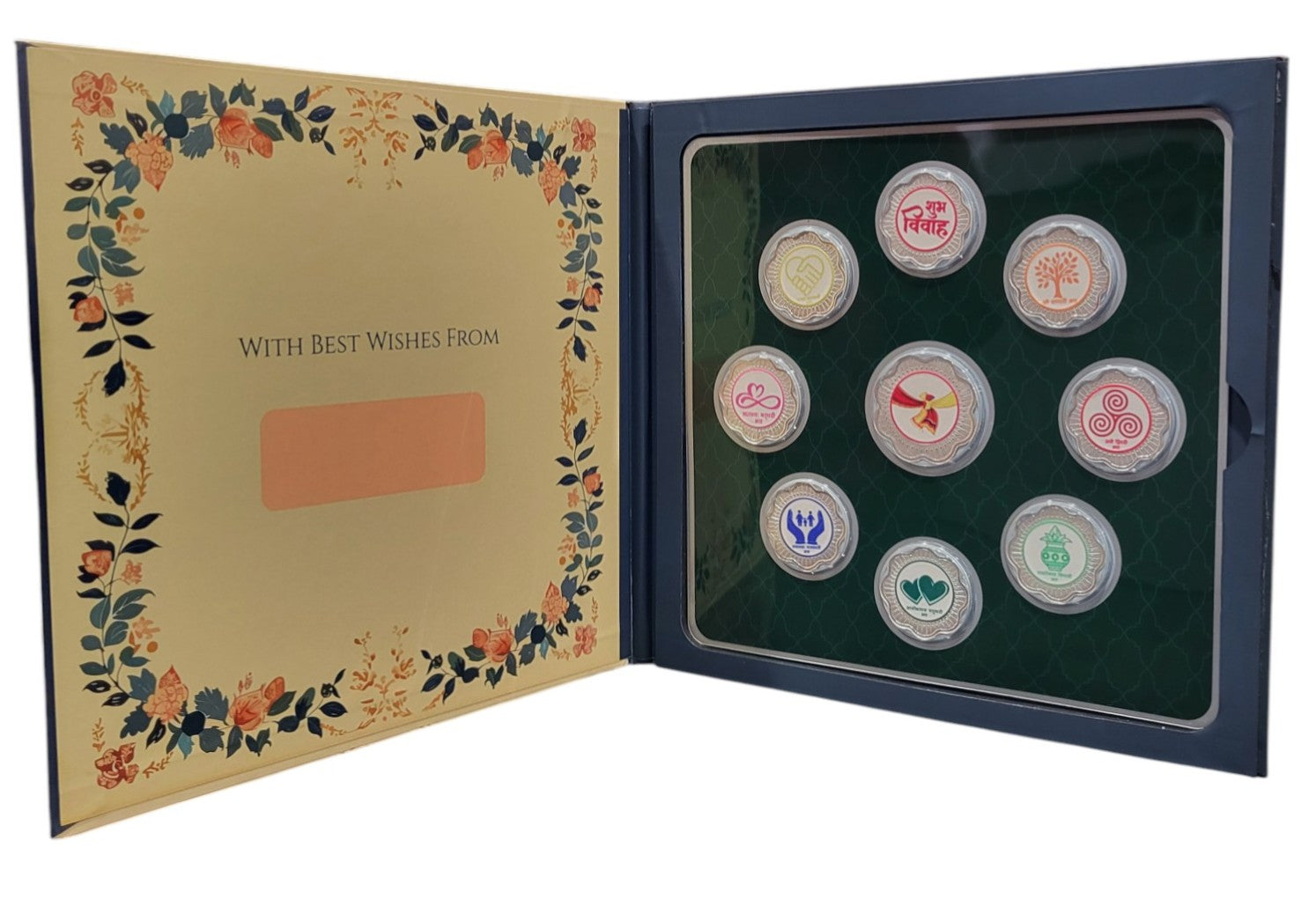 FOLDER HAPPY WEDDING JI - YELLOW/BLUE WITH SILVER COIN SHUBHVIVAH - GREEN 10 GM (ALL 7 VACHAN)