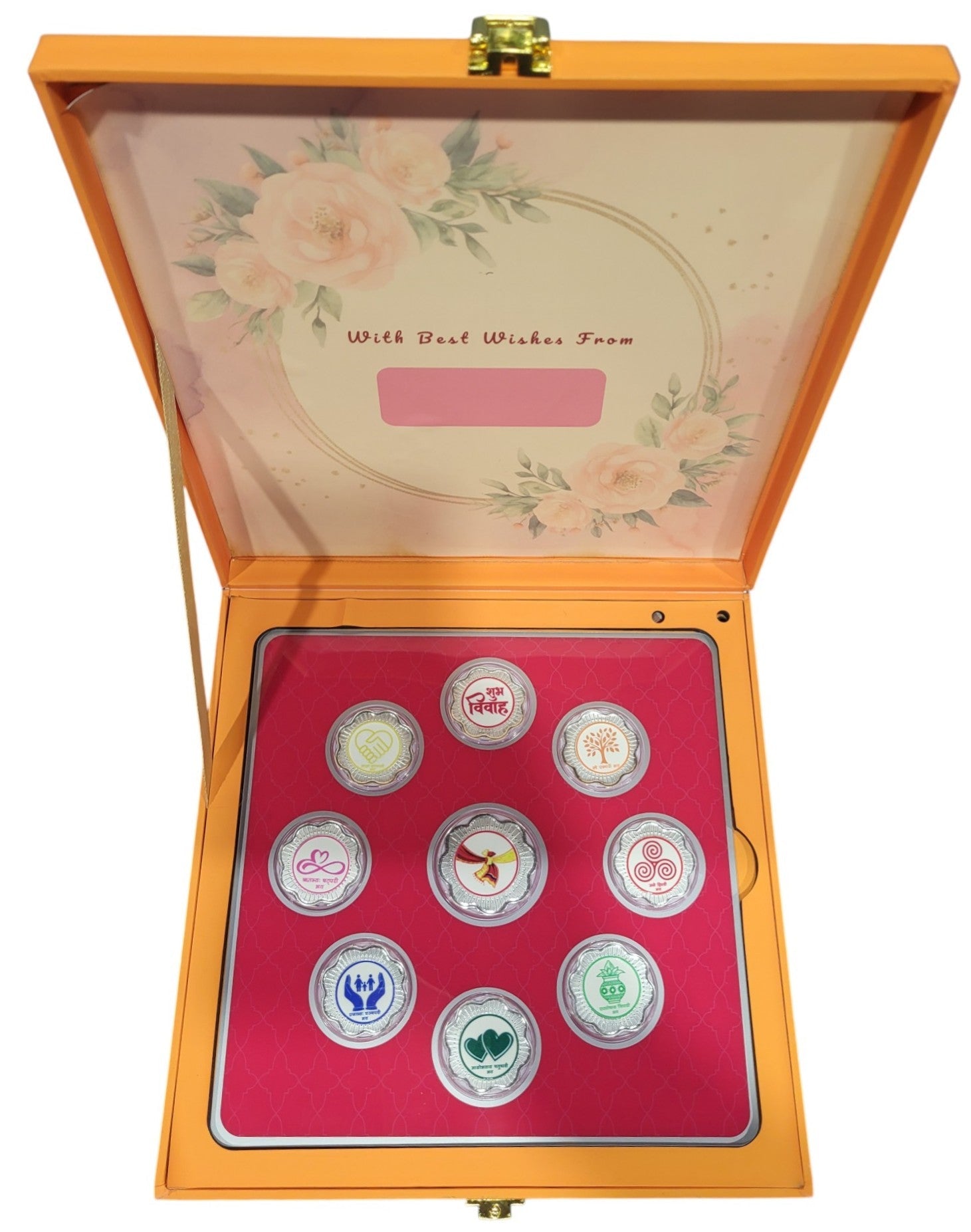 MUSICAL BOX- SHUBH VIVAH HIND - PINK/ORANGE WITH SILVER COIN SHUBHVIVAH - PINK 10 GM (ALL 7 VACHAN)