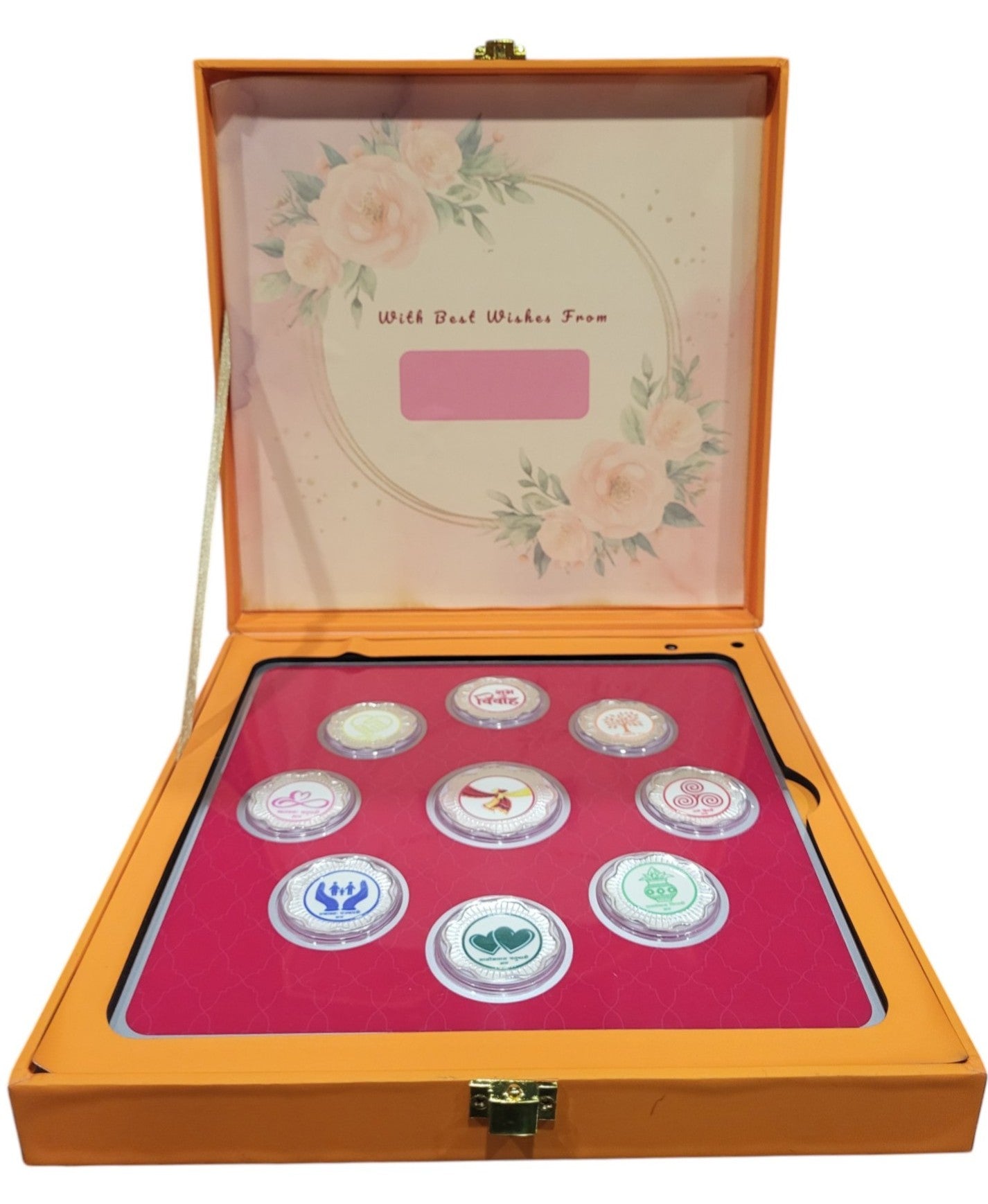 MUSICAL BOX- SHUBH VIVAH HIND - PINK/ORANGE WITH SILVER COIN SHUBHVIVAH - PINK 10 GM (ALL 7 VACHAN)