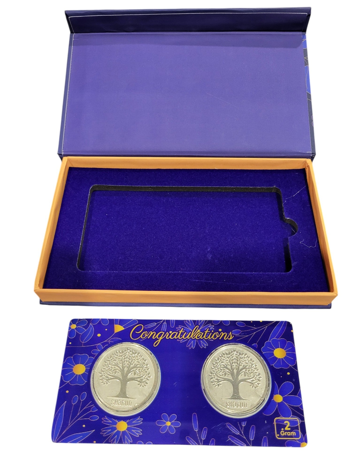 SILVER COIN TREE SHAGUN - BLUE CONGRATULATION 2 GM (1X2) WITH BOX