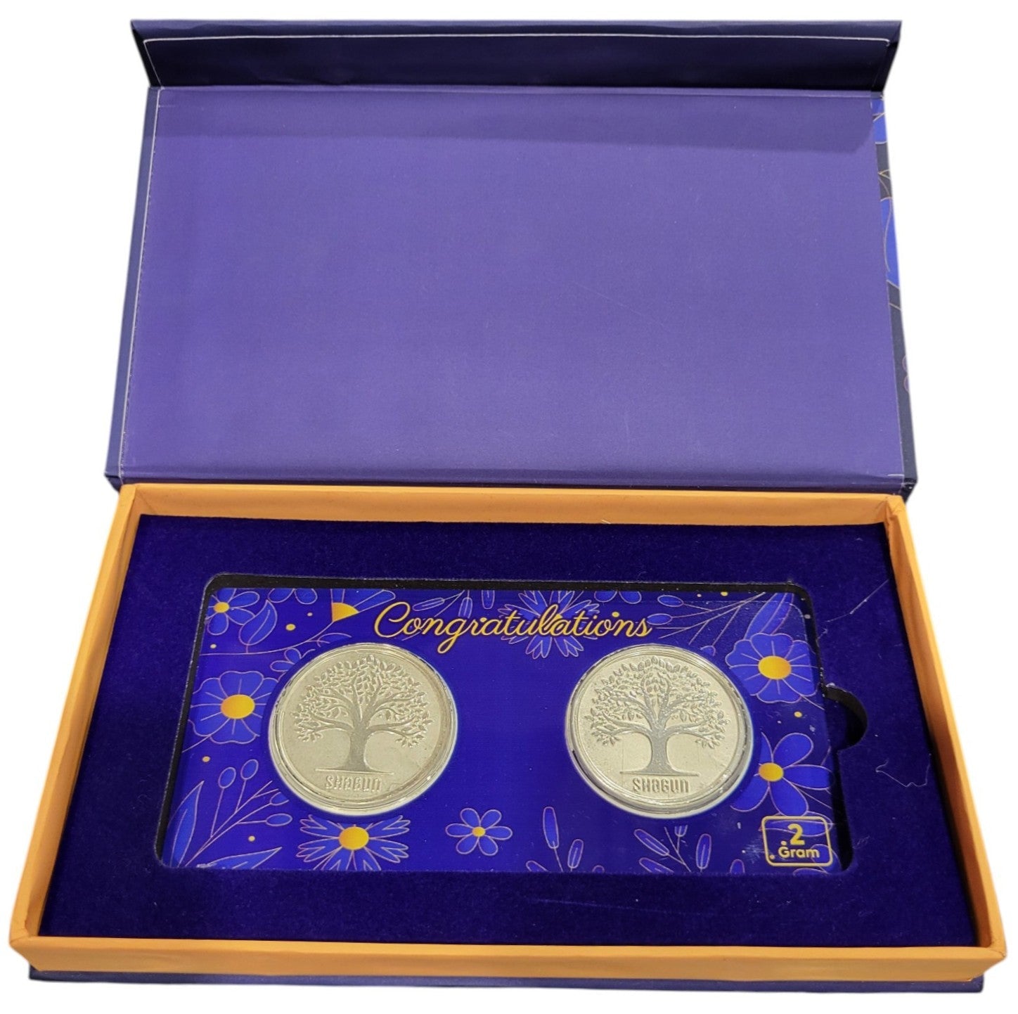 SILVER COIN TREE SHAGUN - BLUE CONGRATULATION 2 GM (1X2) WITH BOX