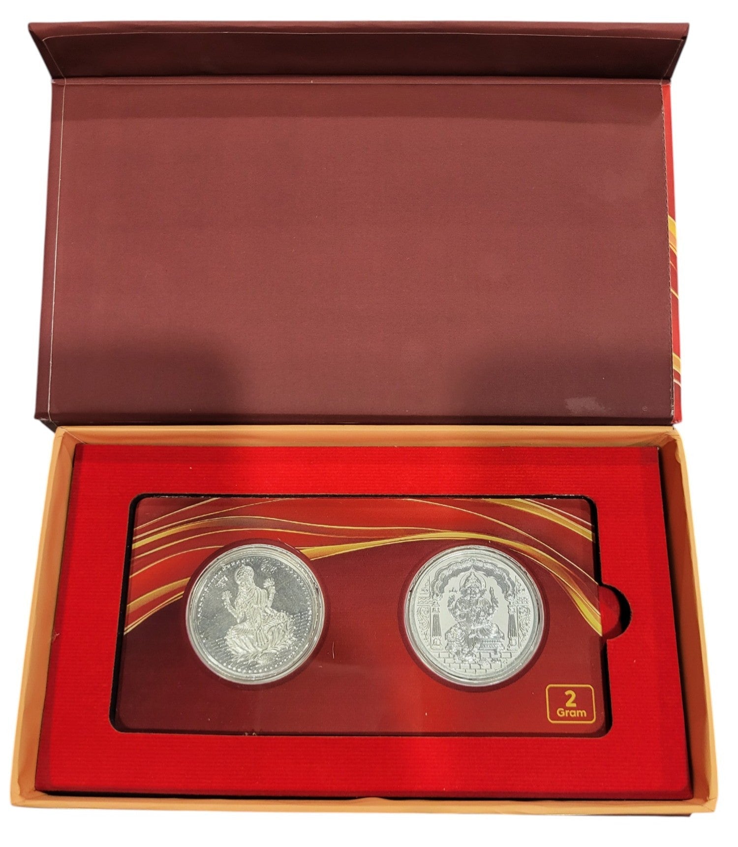 SILVER COIN GANESH LAXMI - MAROON 2 GM (1X2) WITH BOX