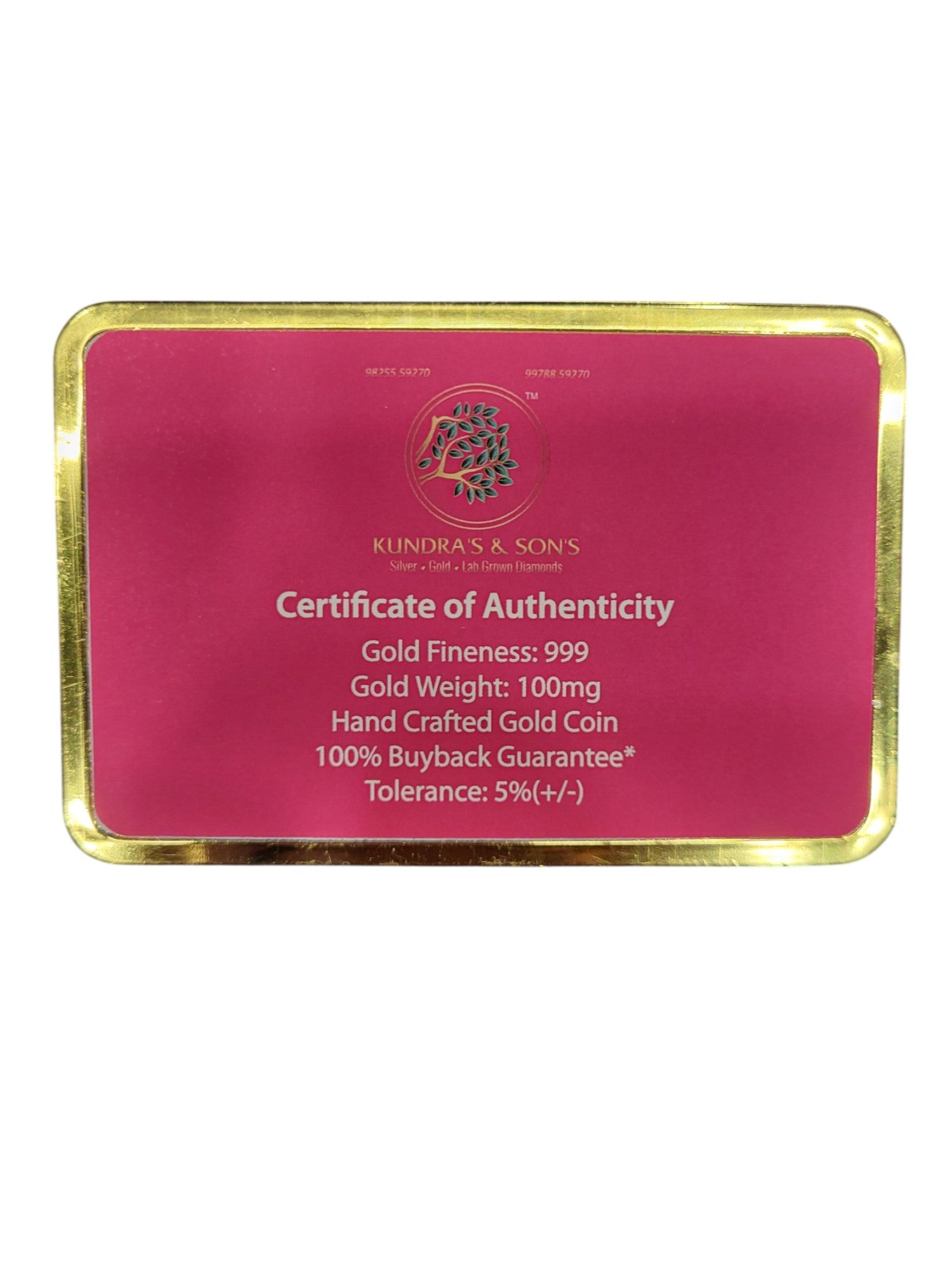 GOLD COIN 100MG DHULA DHULAN WITH DESIGNER CARD (1)